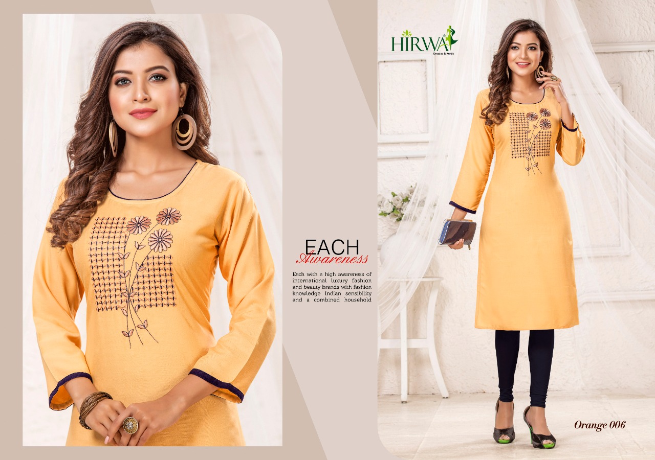 Hirwa Presents Orange 2 Collection Of Rayon Embroidered Casual Kurtis