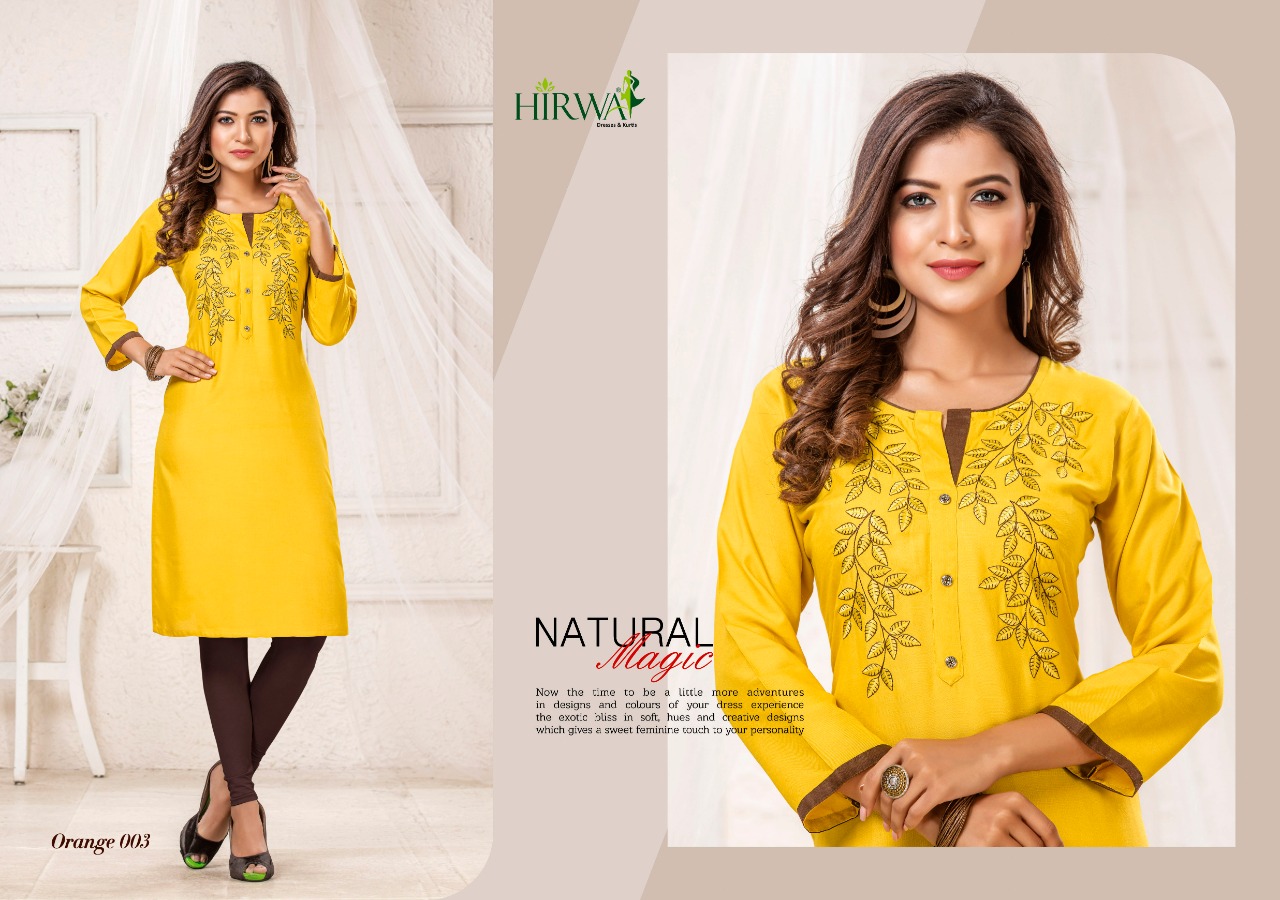 Hirwa Presents Orange 2 Collection Of Rayon Embroidered Casual Kurtis