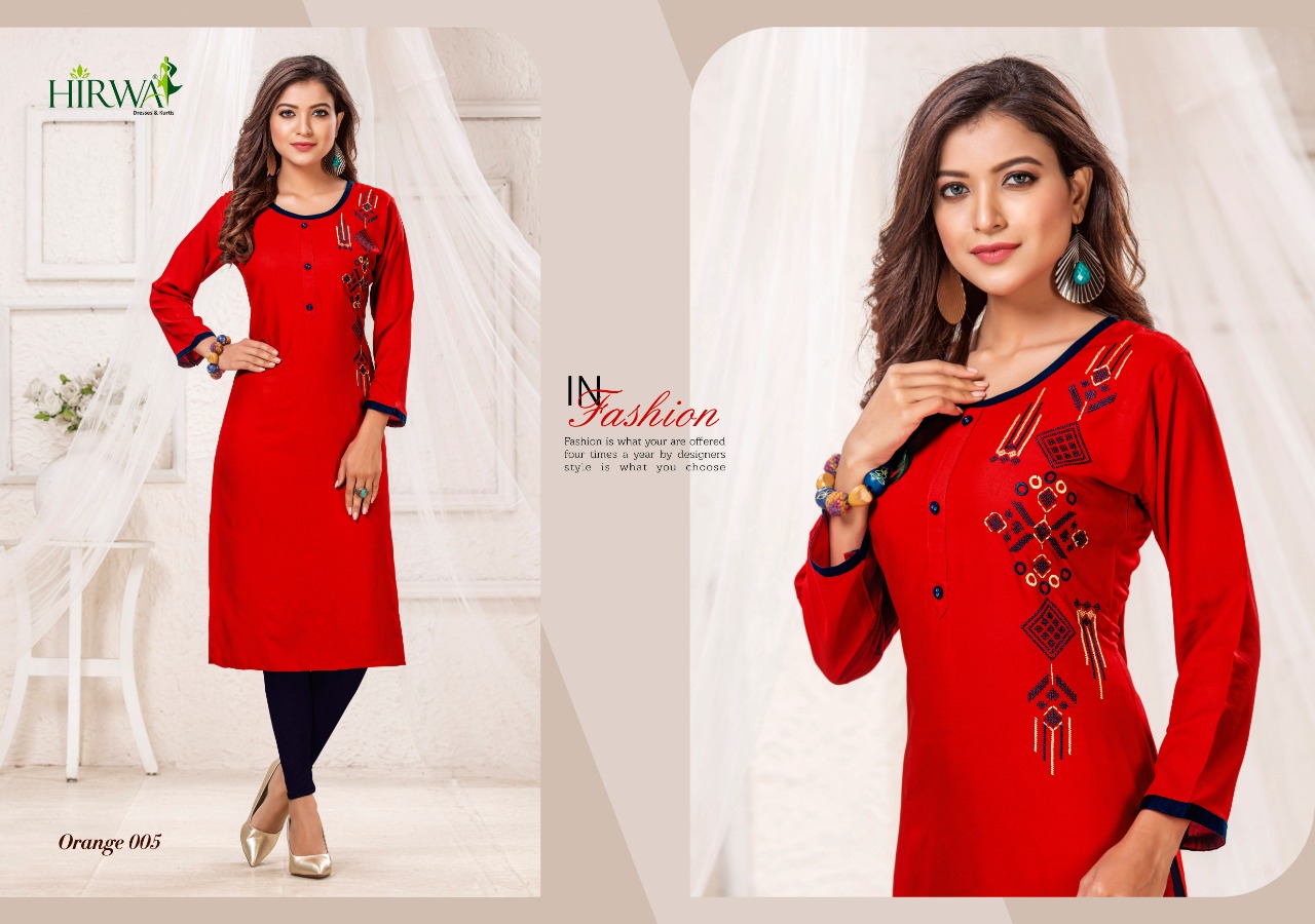 Hirwa Presents Orange 2 Collection Of Rayon Embroidered Casual Kurtis