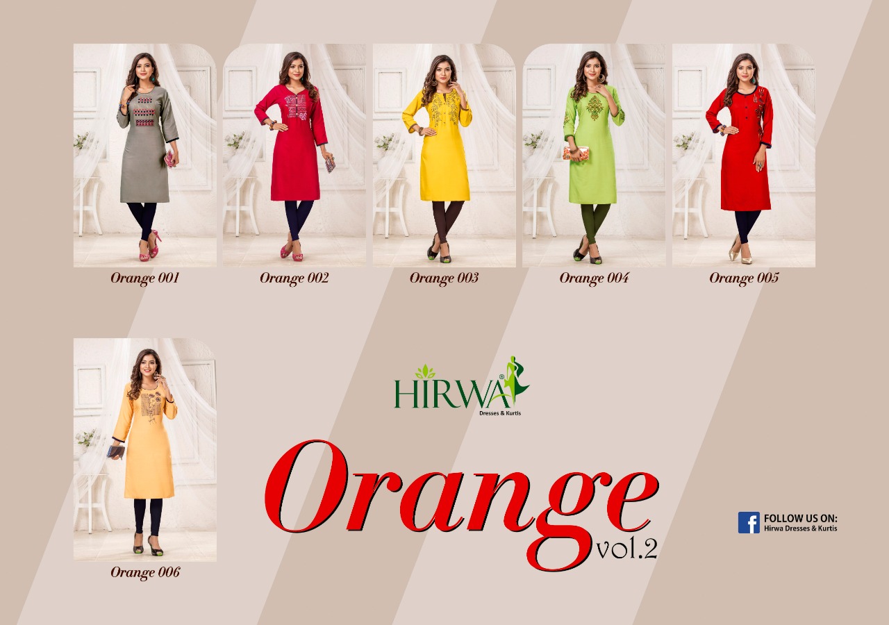 Hirwa Presents Orange 2 Collection Of Rayon Embroidered Casual Kurtis