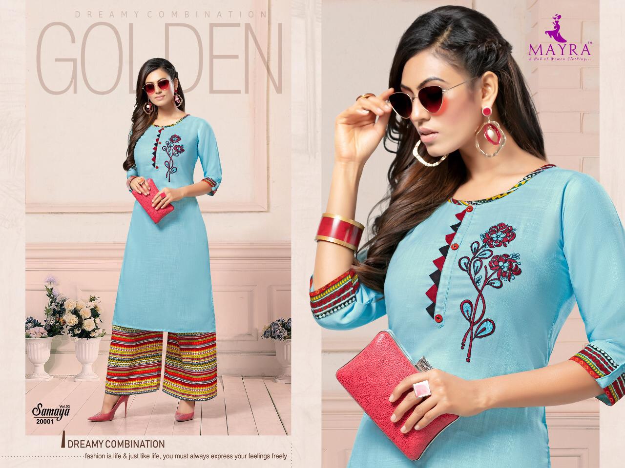 Mayra Presents Samaya 3 Embroidered Rayon Kurti With Printed Plazo