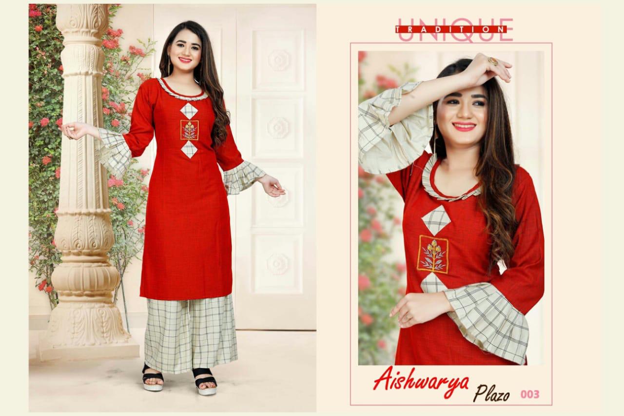 Aagya Presents Aishwarya Plazo Collection Of Heavy Rayon Stylish Kurti With Bottom