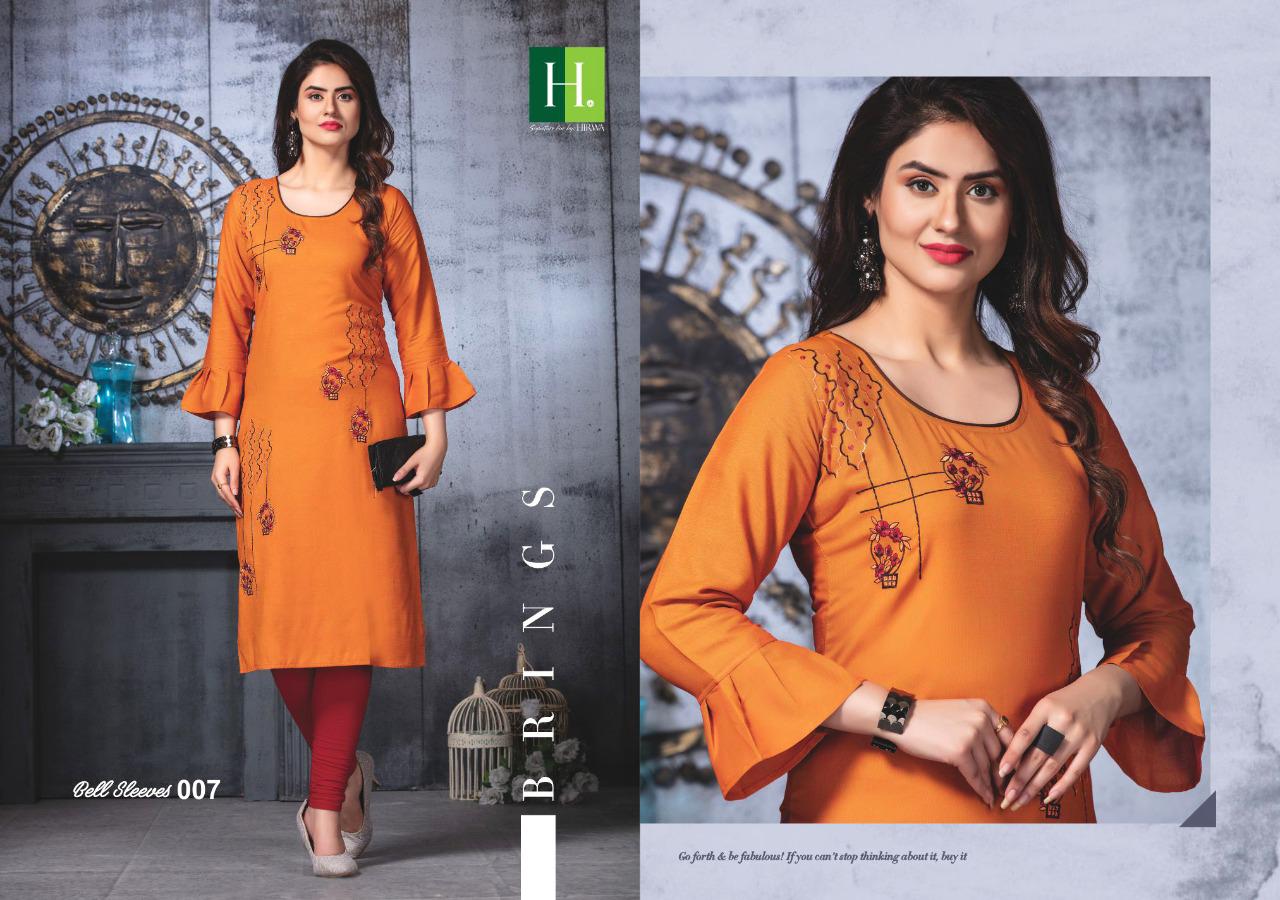 Hirwa Presents Bell Sleeves 3 Collection Of Rayon Fancy Embroidered Designer Kurtis
