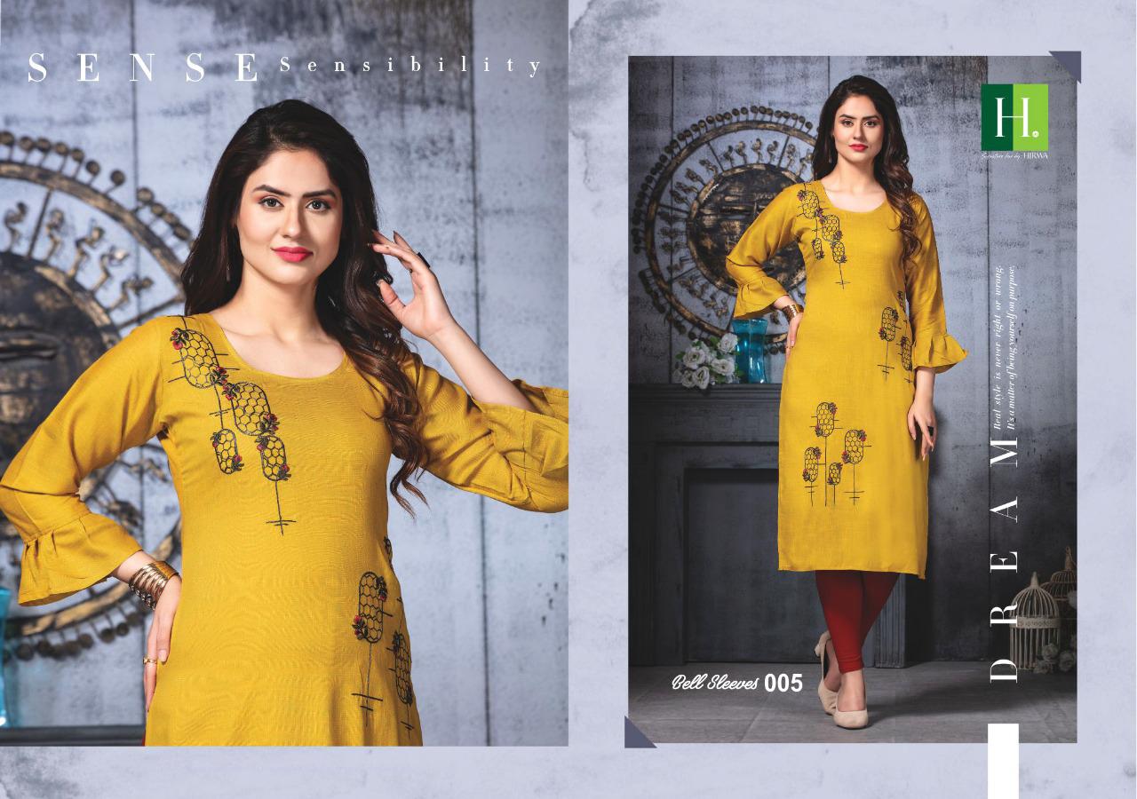 Hirwa Presents Bell Sleeves 3 Collection Of Rayon Fancy Embroidered Designer Kurtis