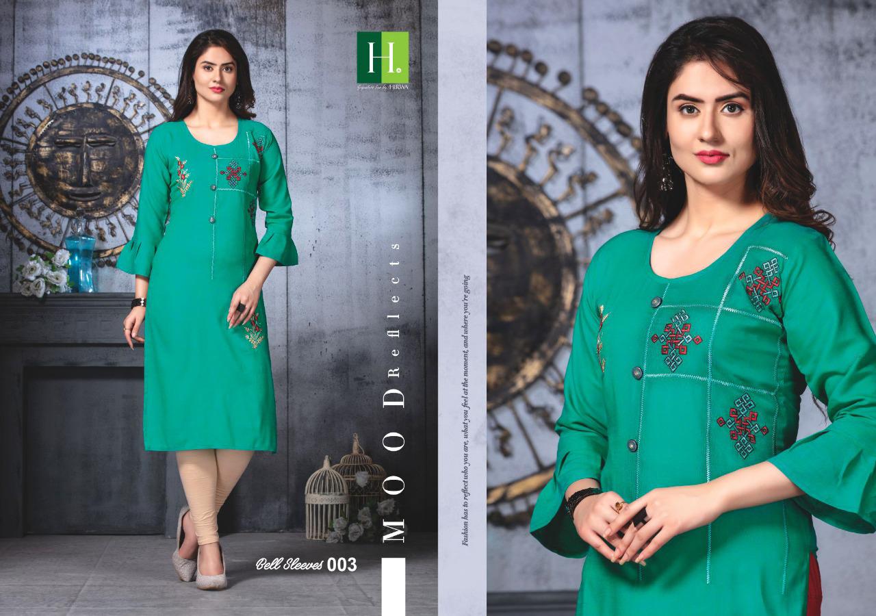 Hirwa Presents Bell Sleeves 3 Collection Of Rayon Fancy Embroidered Designer Kurtis