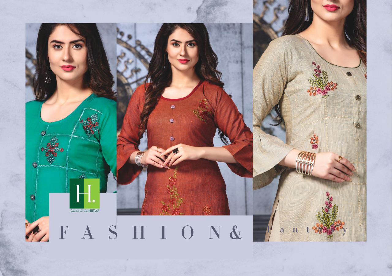 Hirwa Presents Bell Sleeves 3 Collection Of Rayon Fancy Embroidered Designer Kurtis