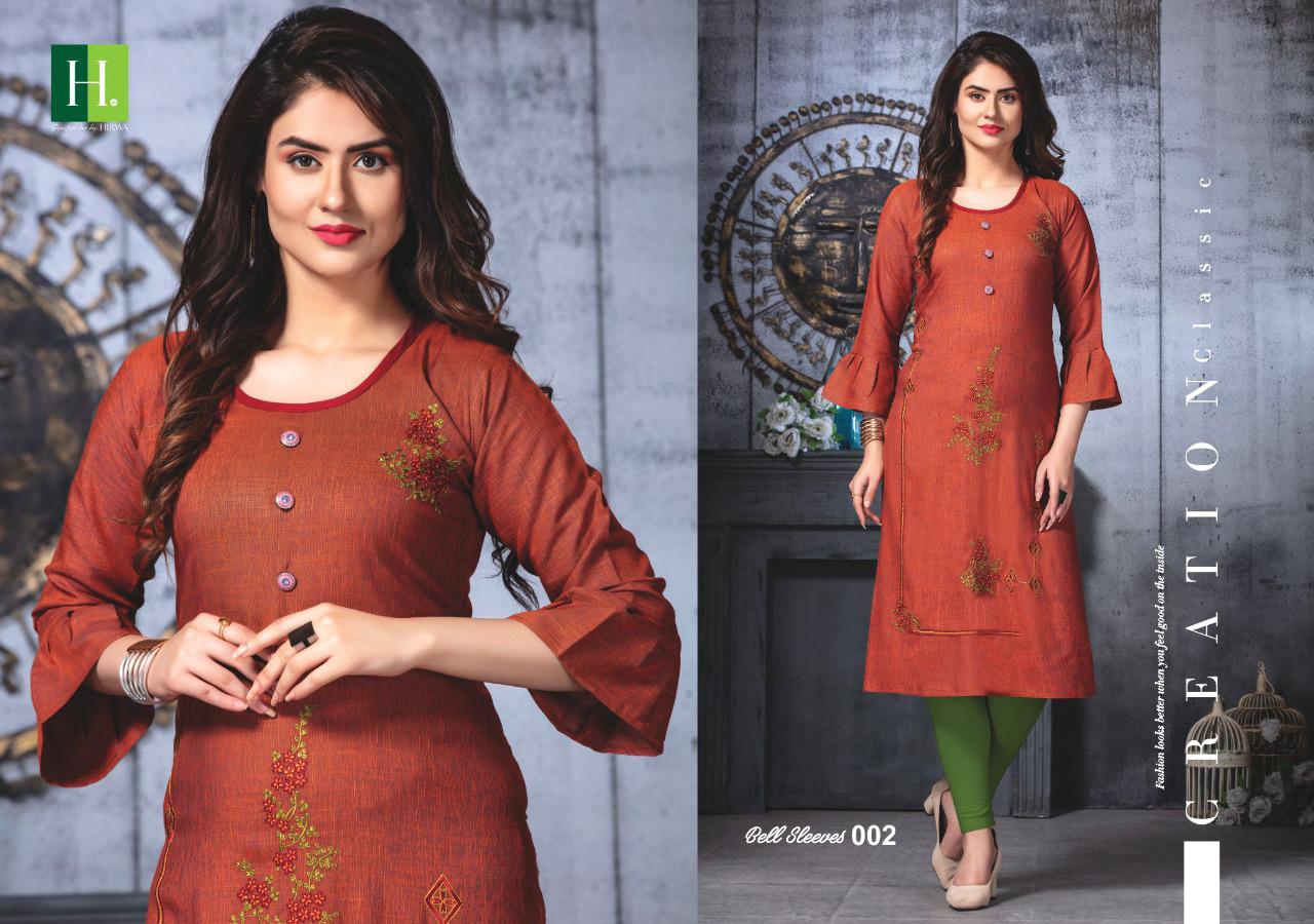 Hirwa Presents Bell Sleeves 3 Collection Of Rayon Fancy Embroidered Designer Kurtis