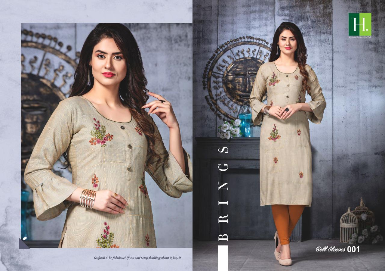 Hirwa Presents Bell Sleeves 3 Collection Of Rayon Fancy Embroidered Designer Kurtis