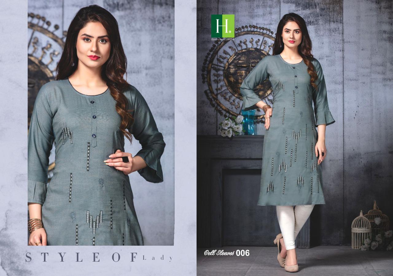 Hirwa Presents Bell Sleeves 3 Collection Of Rayon Fancy Embroidered Designer Kurtis