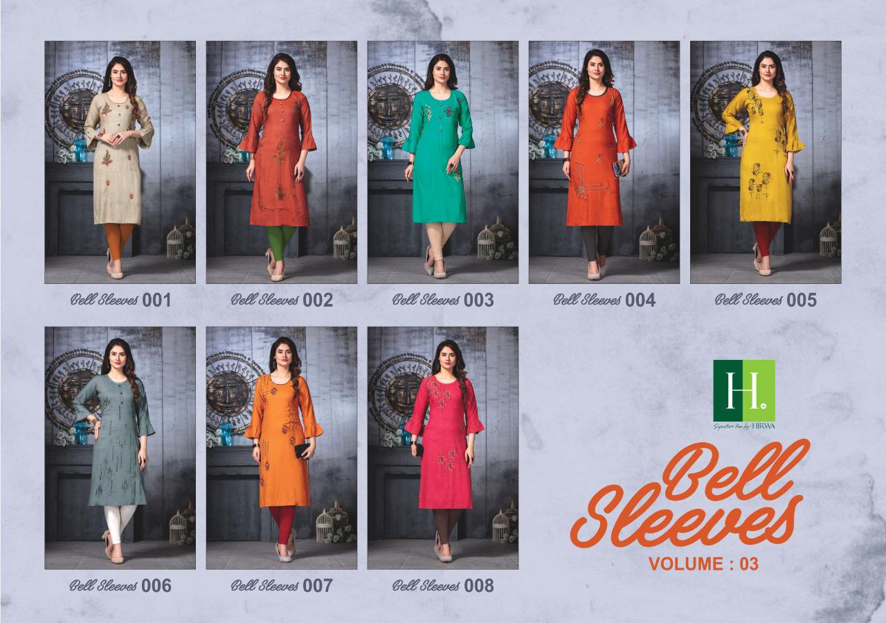 Hirwa Presents Bell Sleeves 3 Collection Of Rayon Fancy Embroidered Designer Kurtis