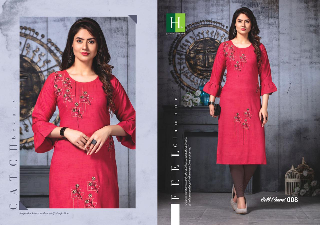 Hirwa Presents Bell Sleeves 3 Collection Of Rayon Fancy Embroidered Designer Kurtis