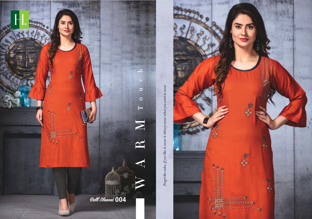 Hirwa Presents Bell Sleeves 3 Collection Of Rayon Fancy Embroidered Designer Kurtis