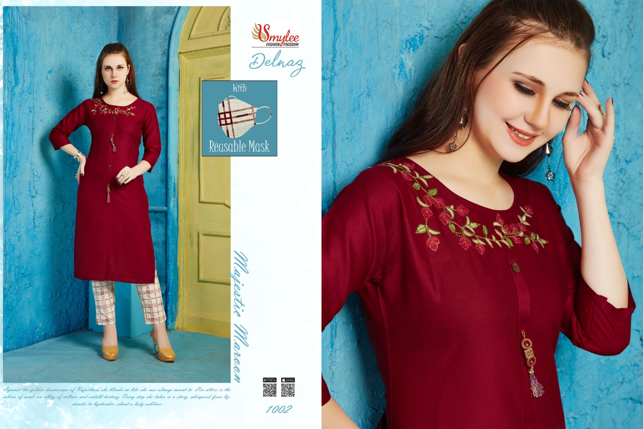 Smylee Presents Delnaz Collection Of Pure Cotton Flex Embroidery Designer Kurti With Pant