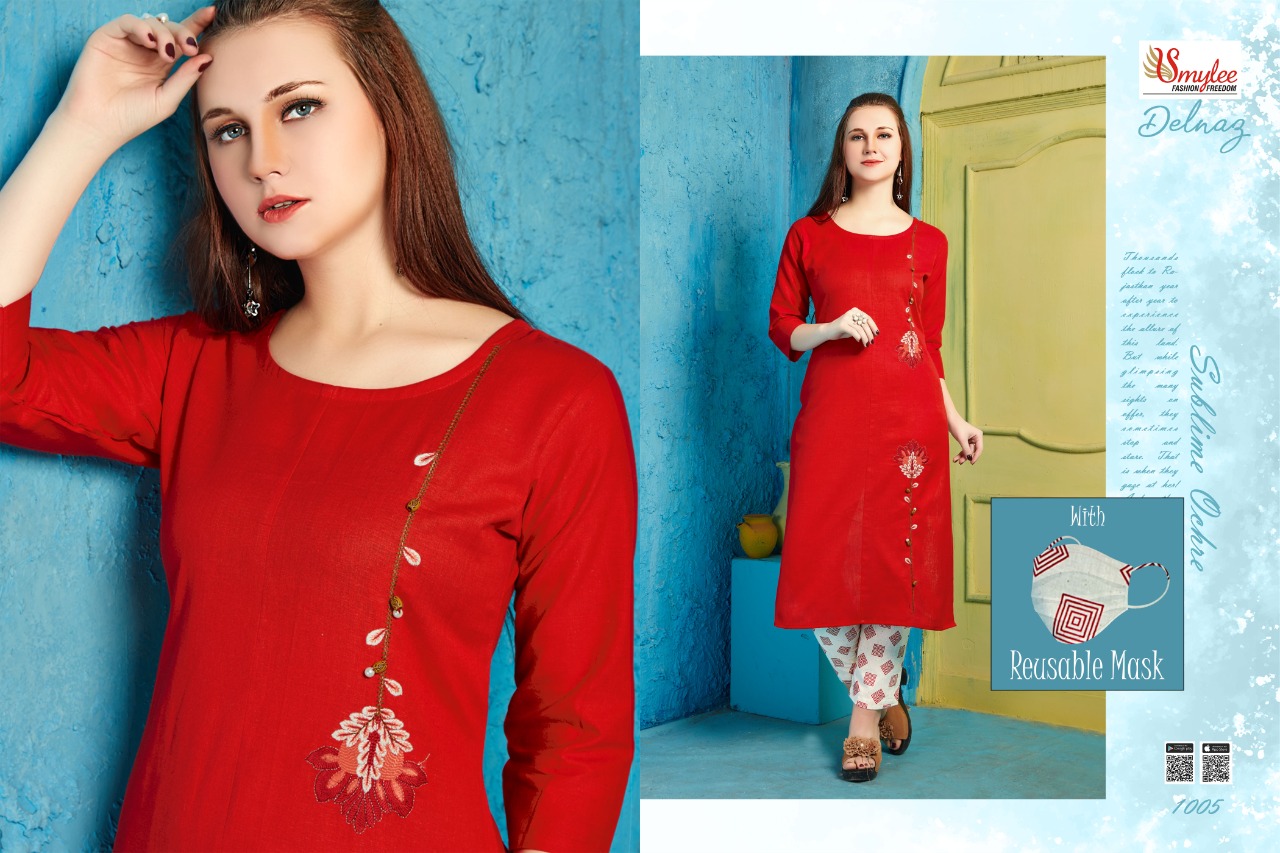 Smylee Presents Delnaz Collection Of Pure Cotton Flex Embroidery Designer Kurti With Pant