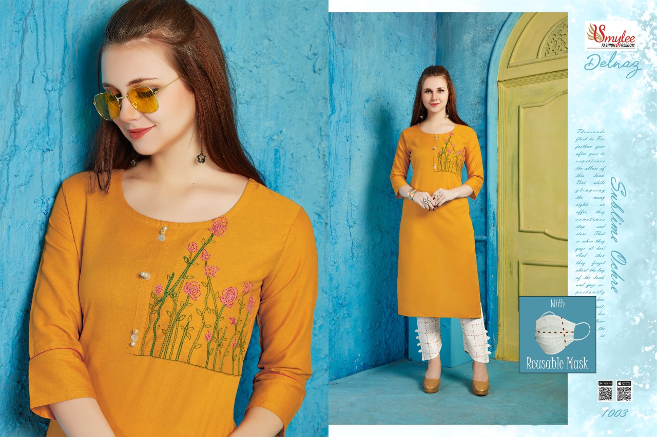 Smylee Presents Delnaz Collection Of Pure Cotton Flex Embroidery Designer Kurti With Pant