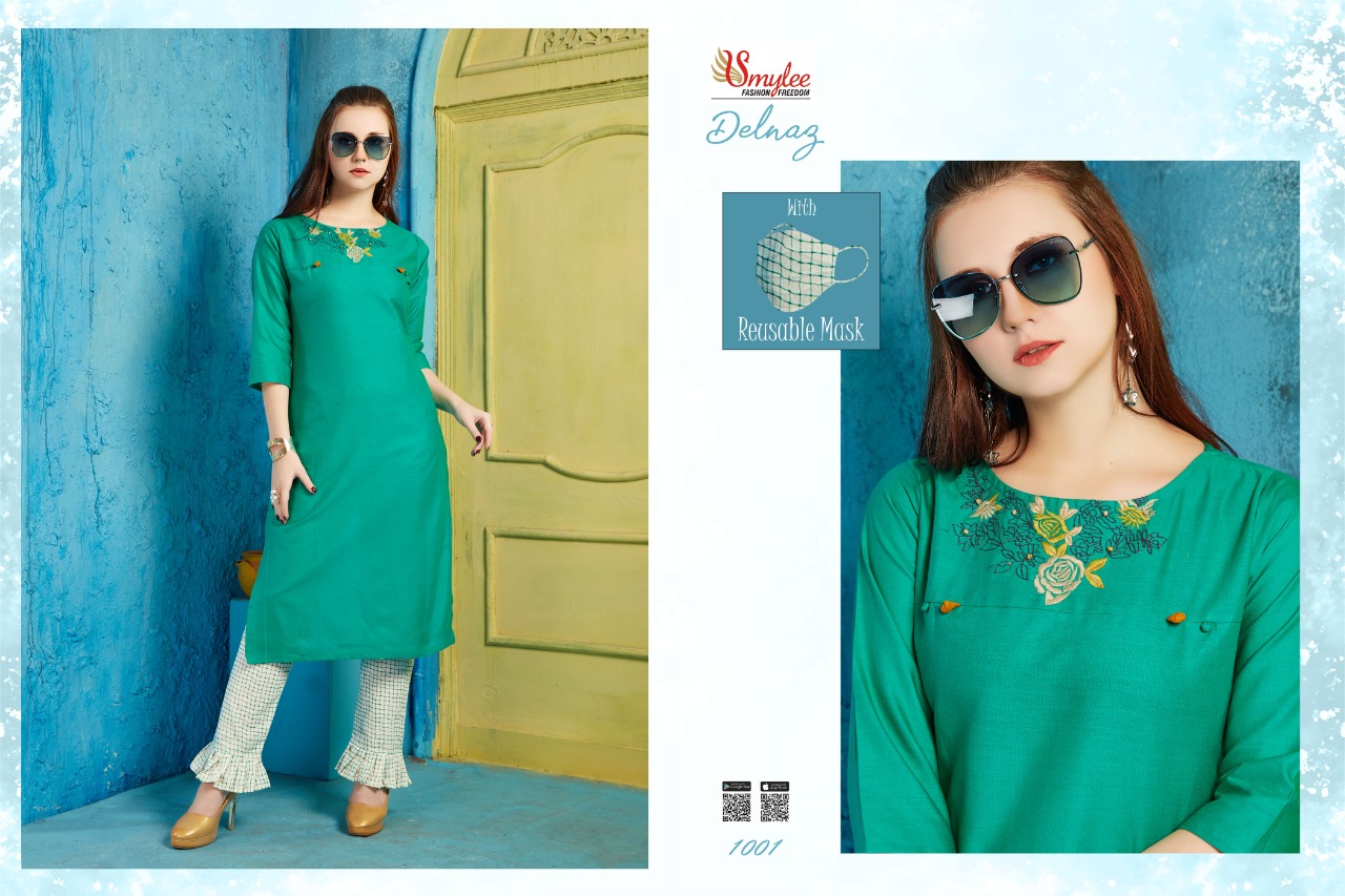 Smylee Presents Delnaz Collection Of Pure Cotton Flex Embroidery Designer Kurti With Pant