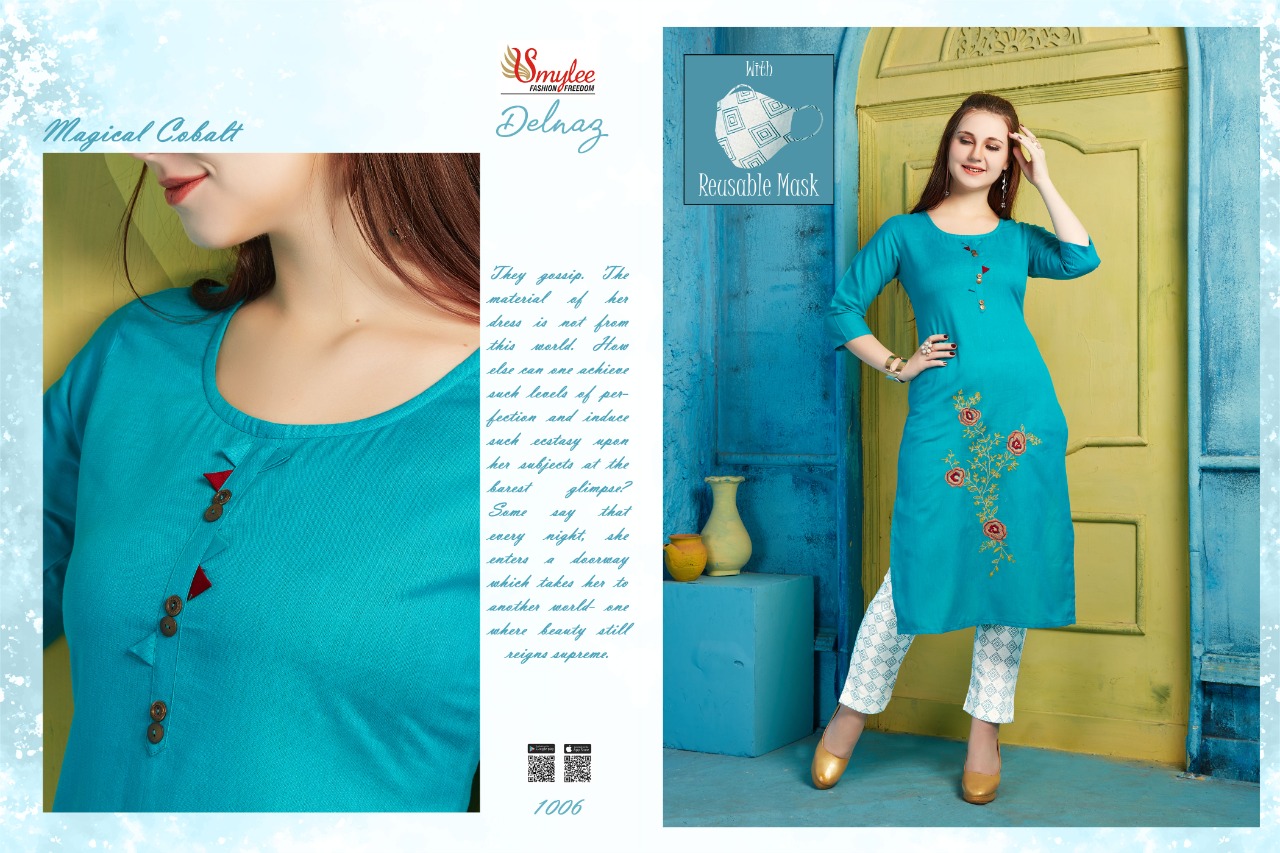 Smylee Presents Delnaz Collection Of Pure Cotton Flex Embroidery Designer Kurti With Pant