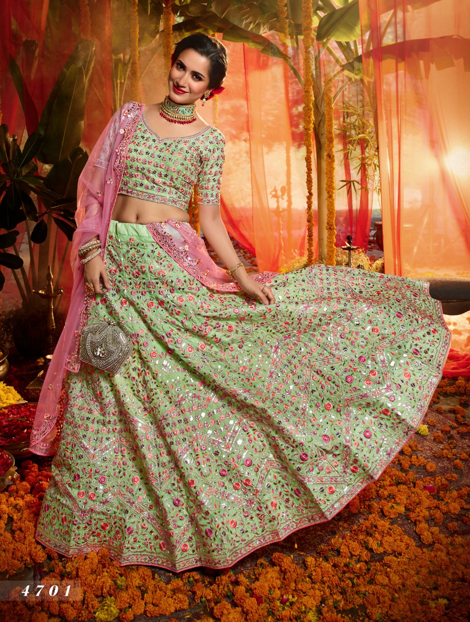 Green Zari Work Semi Stitched Lehenga Choli