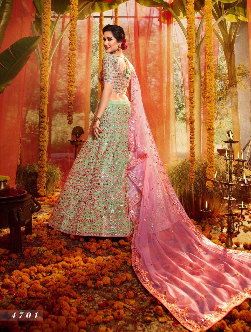 Green Zari Work Semi Stitched Lehenga Choli