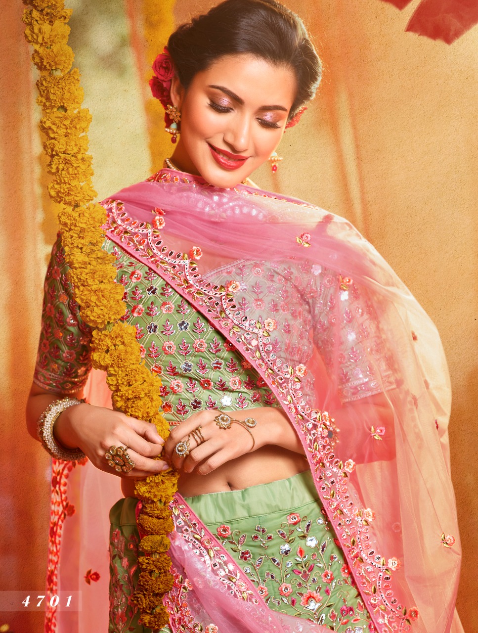 Green Zari Work Semi Stitched Lehenga Choli