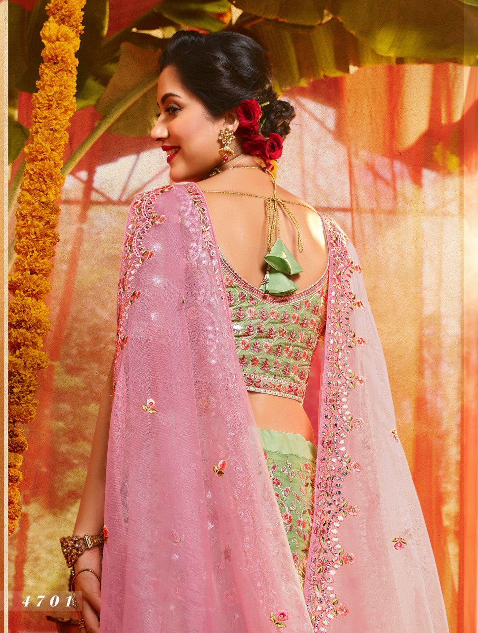 Green Zari Work Semi Stitched Lehenga Choli