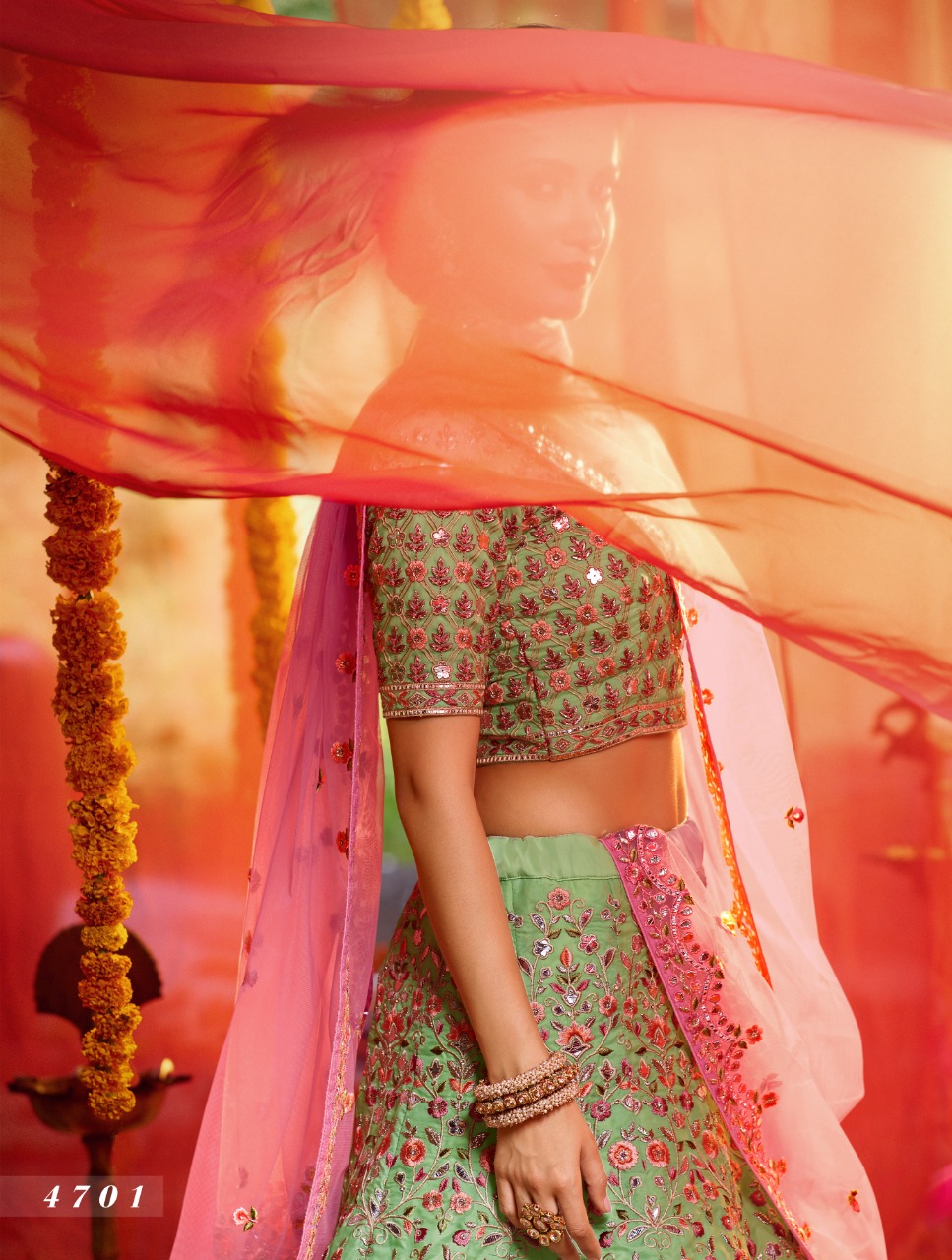 Green Zari Work Semi Stitched Lehenga Choli