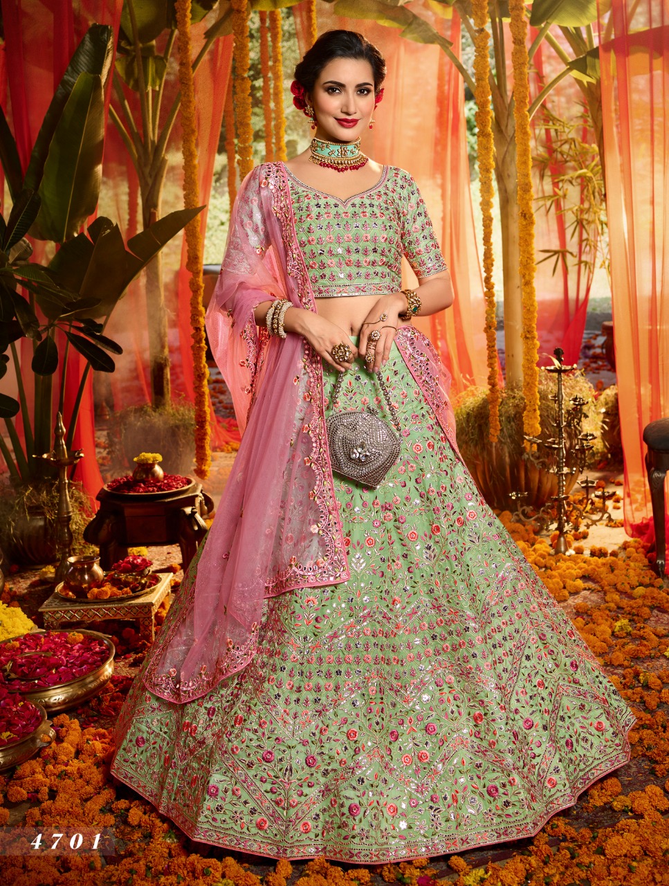 Green Zari Work Semi Stitched Lehenga Choli