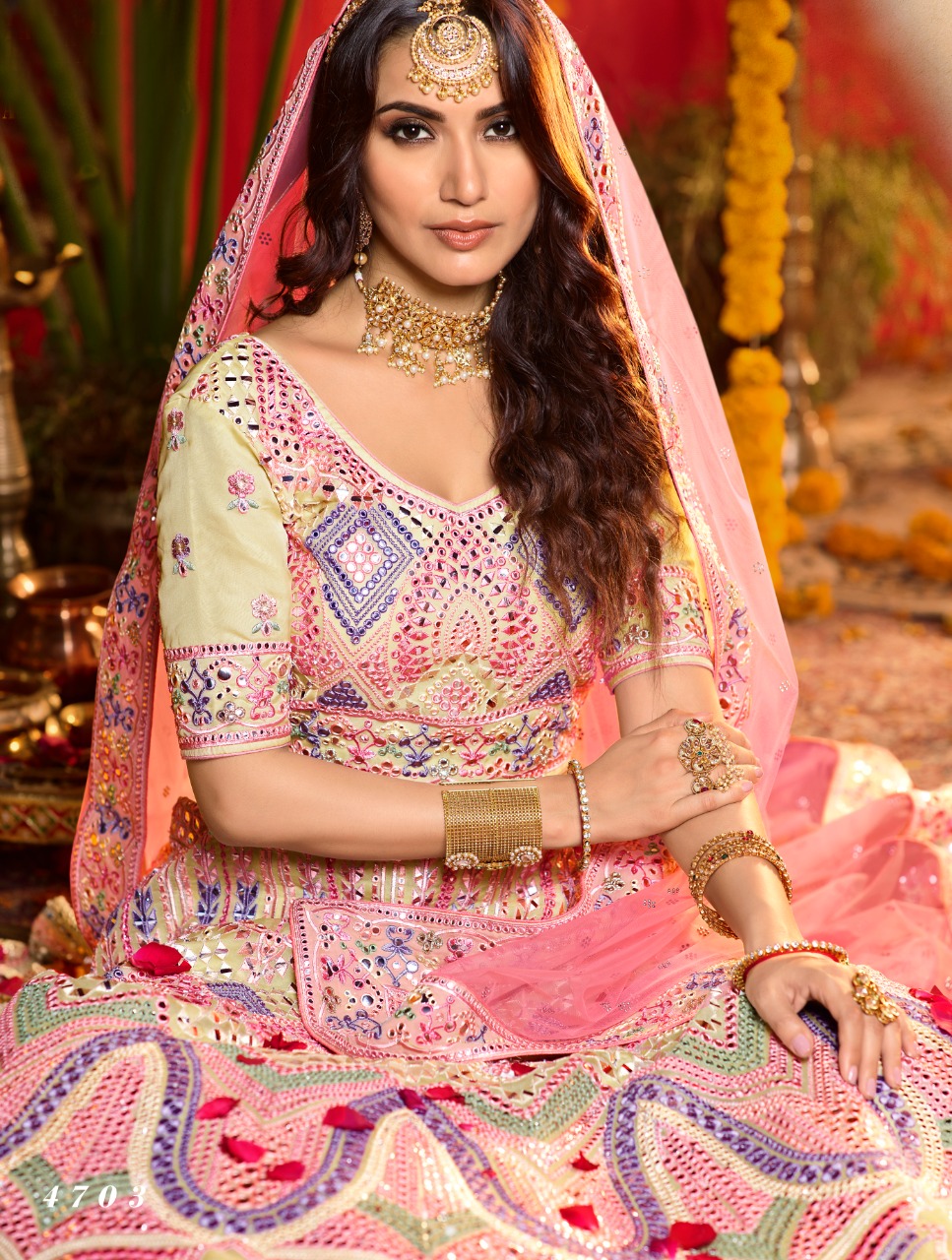 Off-white Mirror Work  Designer Bridal Lehenga Choli