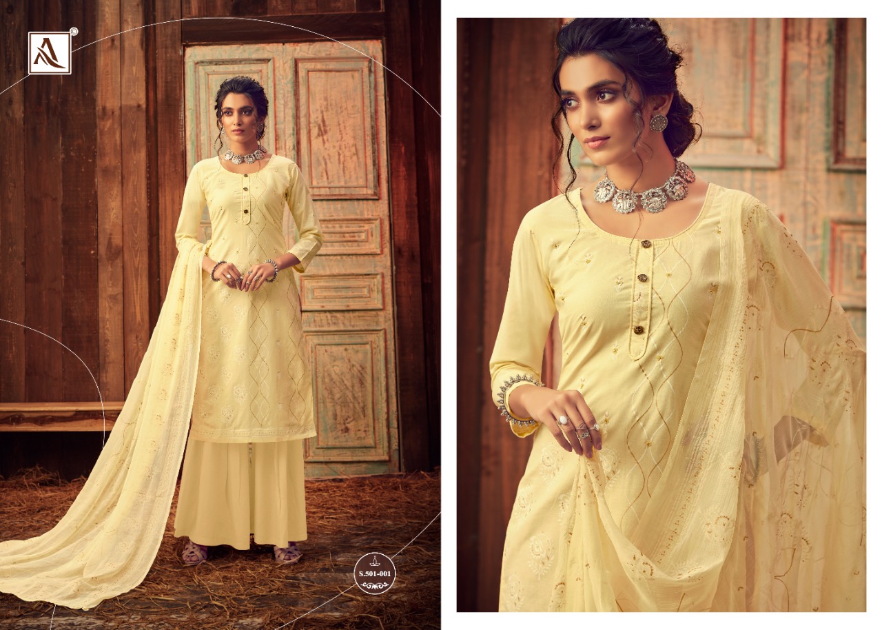 Alok   Presents  Bloom Gold  Designer Dress Material