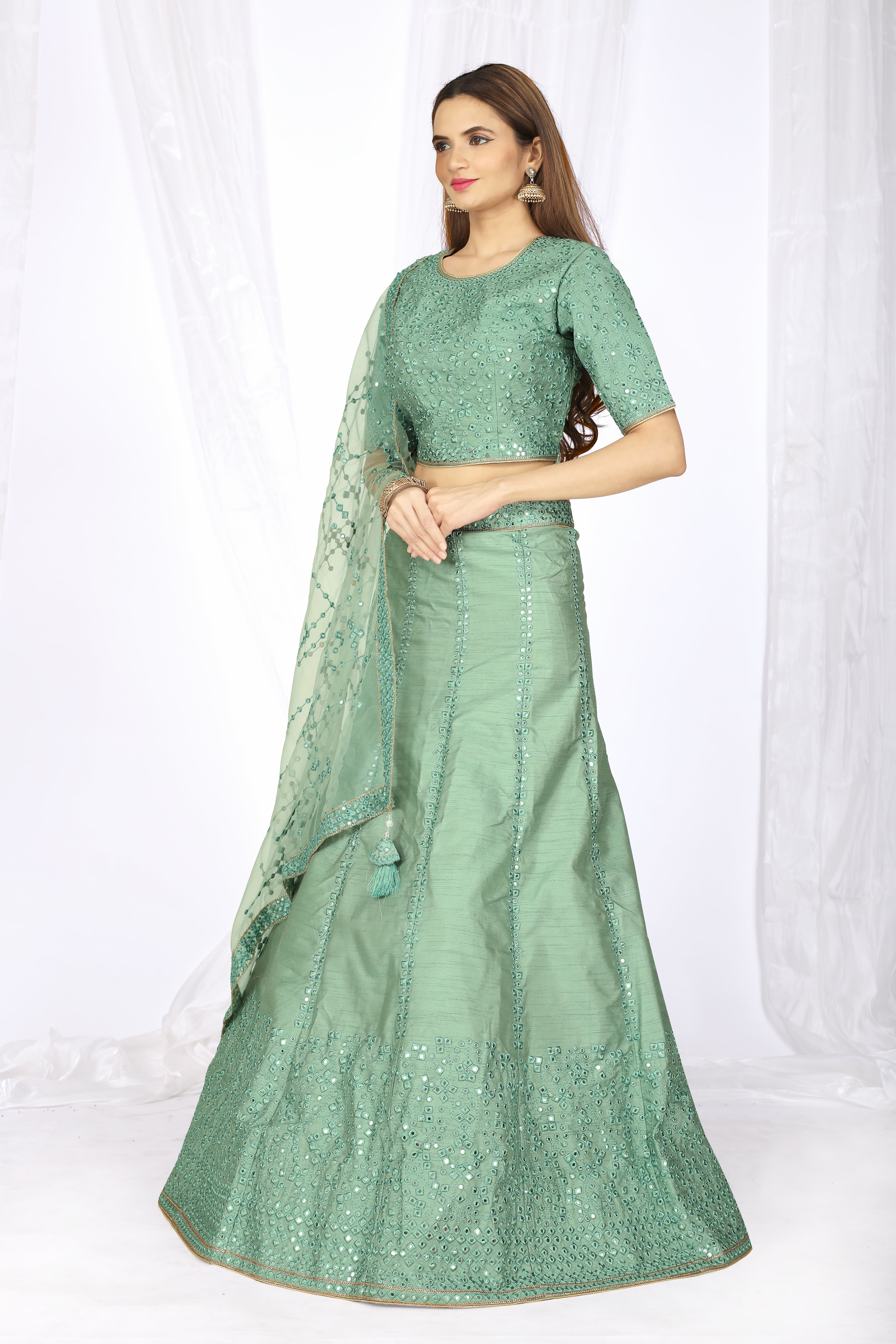 Women's Heavy Net Green Lehenga Choli