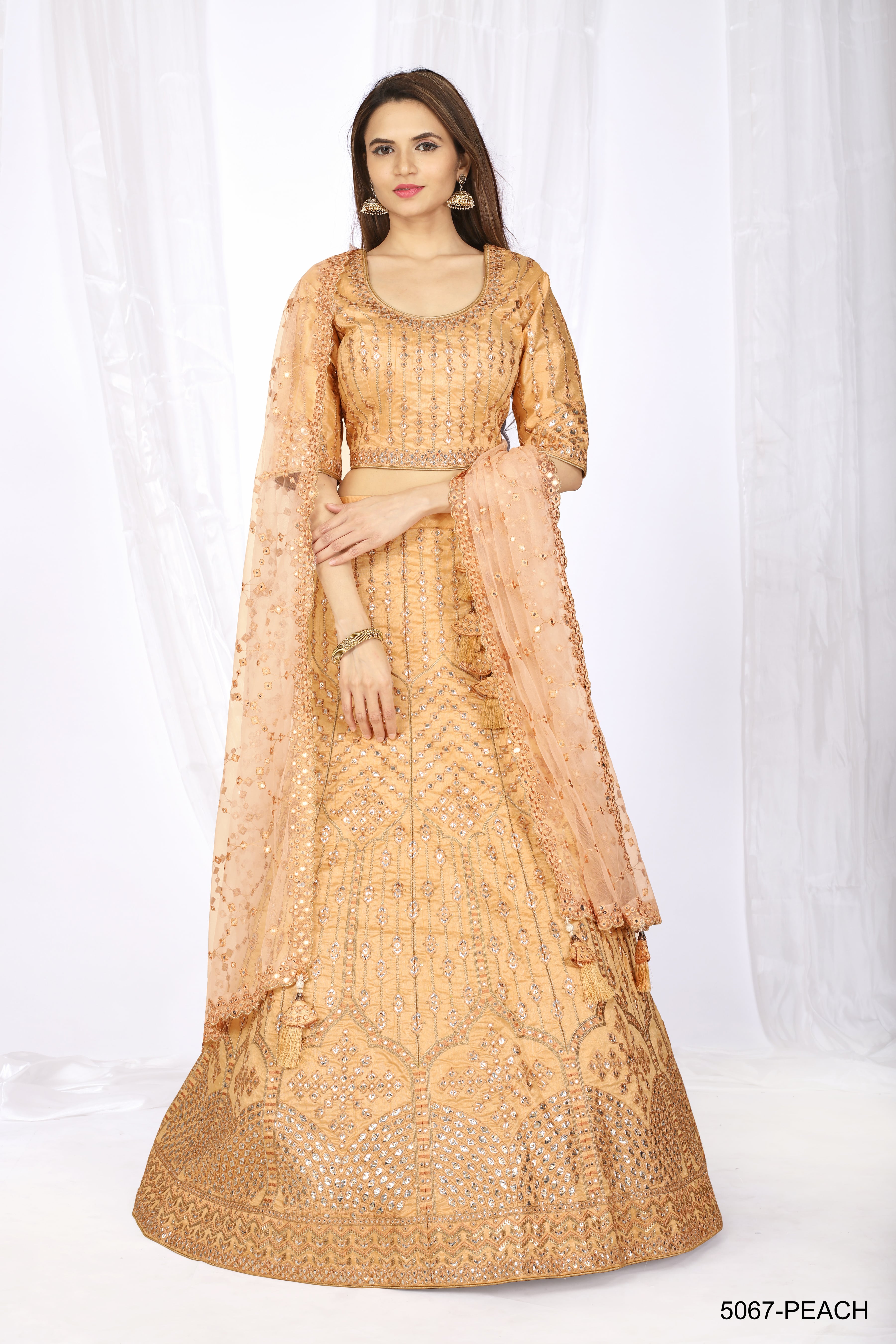 Peach Colour Gold-toned Thread Embroidered  Semi-stitched Lehenga Choli