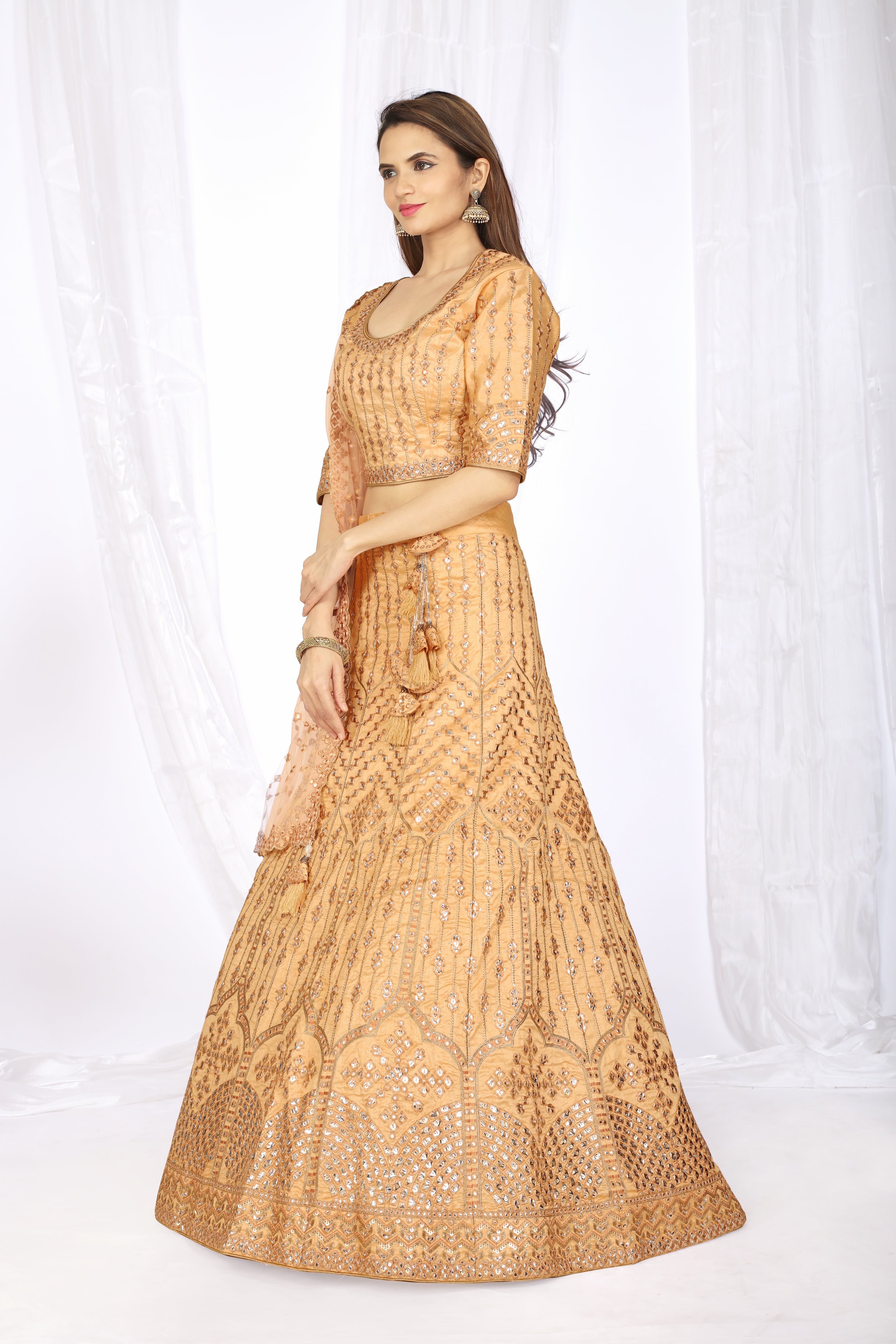 Peach Colour Gold-toned Thread Embroidered  Semi-stitched Lehenga Choli