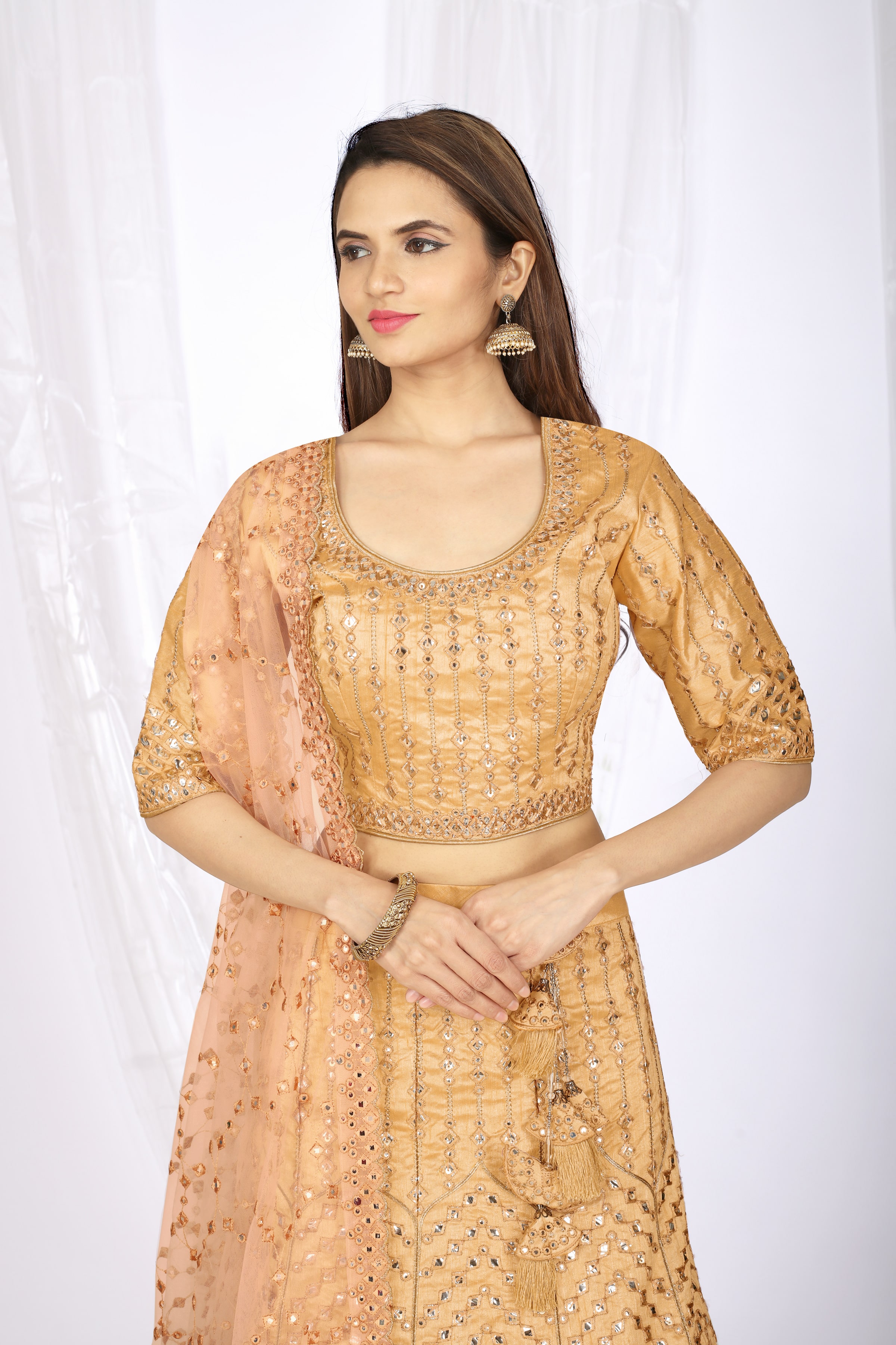 Peach Colour Gold-toned Thread Embroidered  Semi-stitched Lehenga Choli