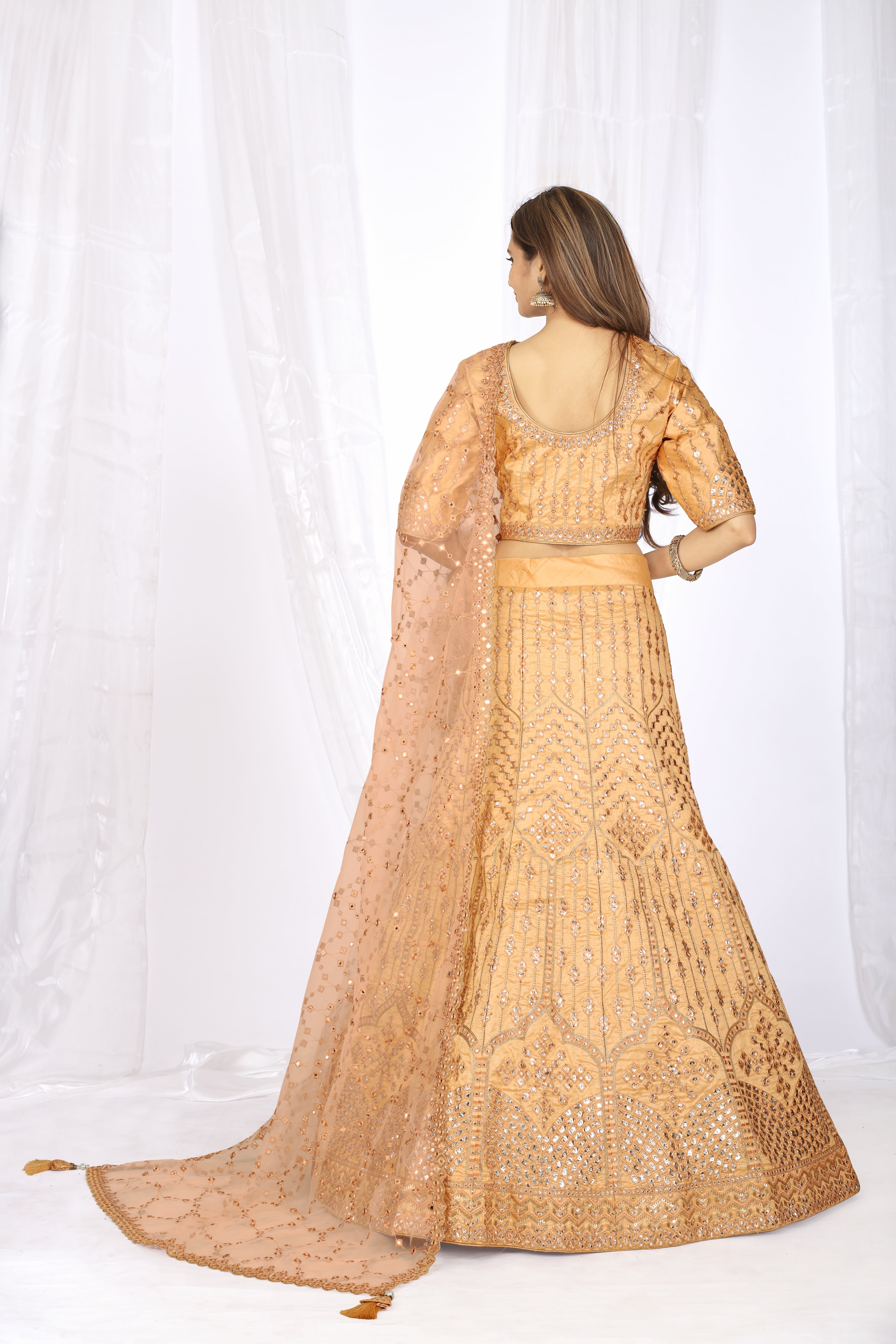 Peach Colour Gold-toned Thread Embroidered  Semi-stitched Lehenga Choli