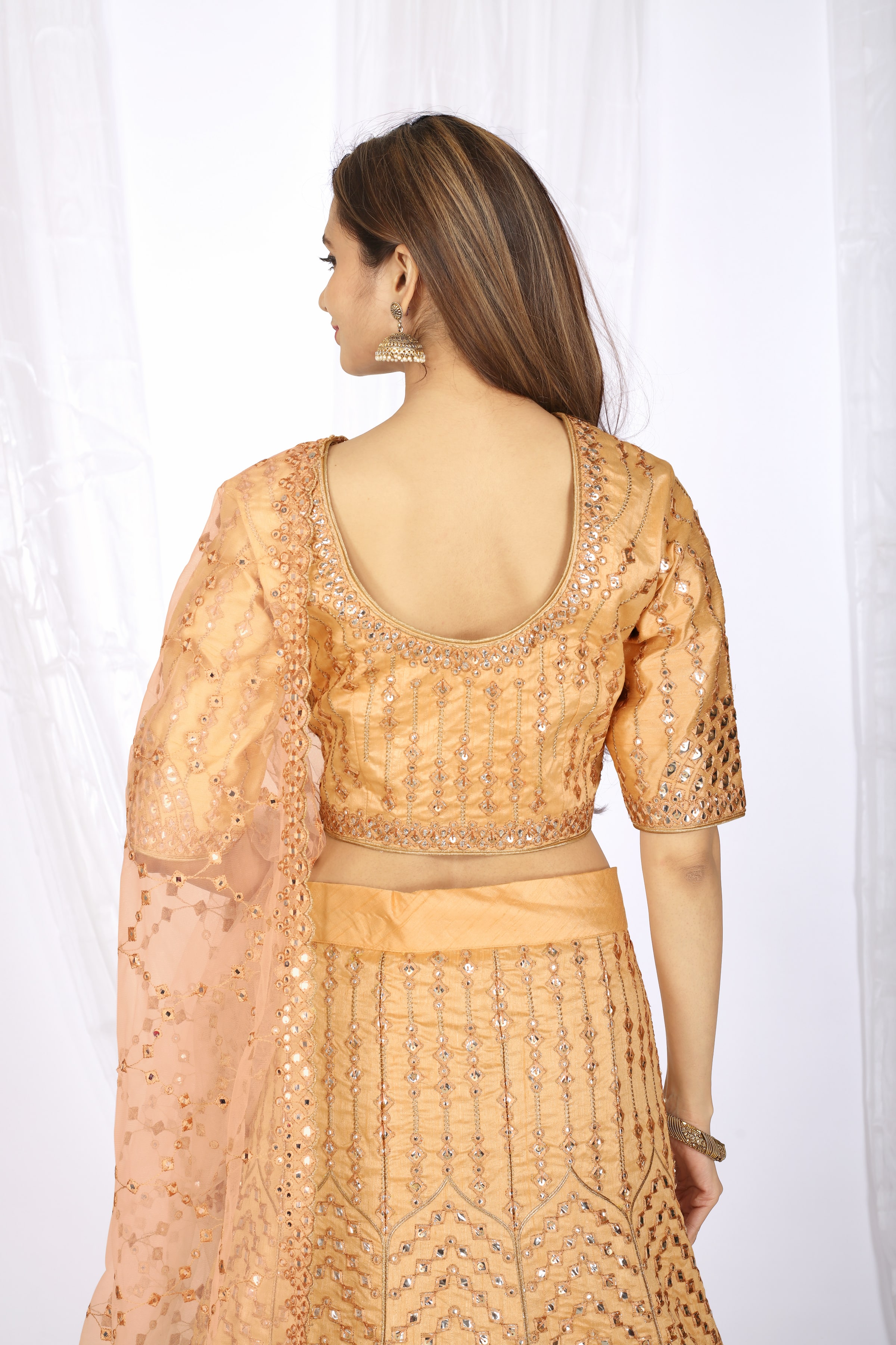 Peach Colour Gold-toned Thread Embroidered  Semi-stitched Lehenga Choli