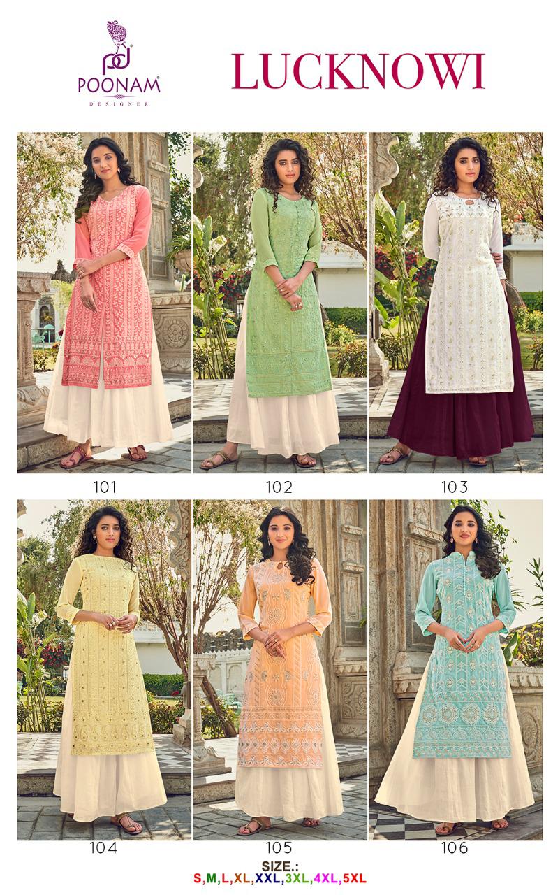 Poonam Presents Lucknowi 101 To 106 Designer Kurtis Collection