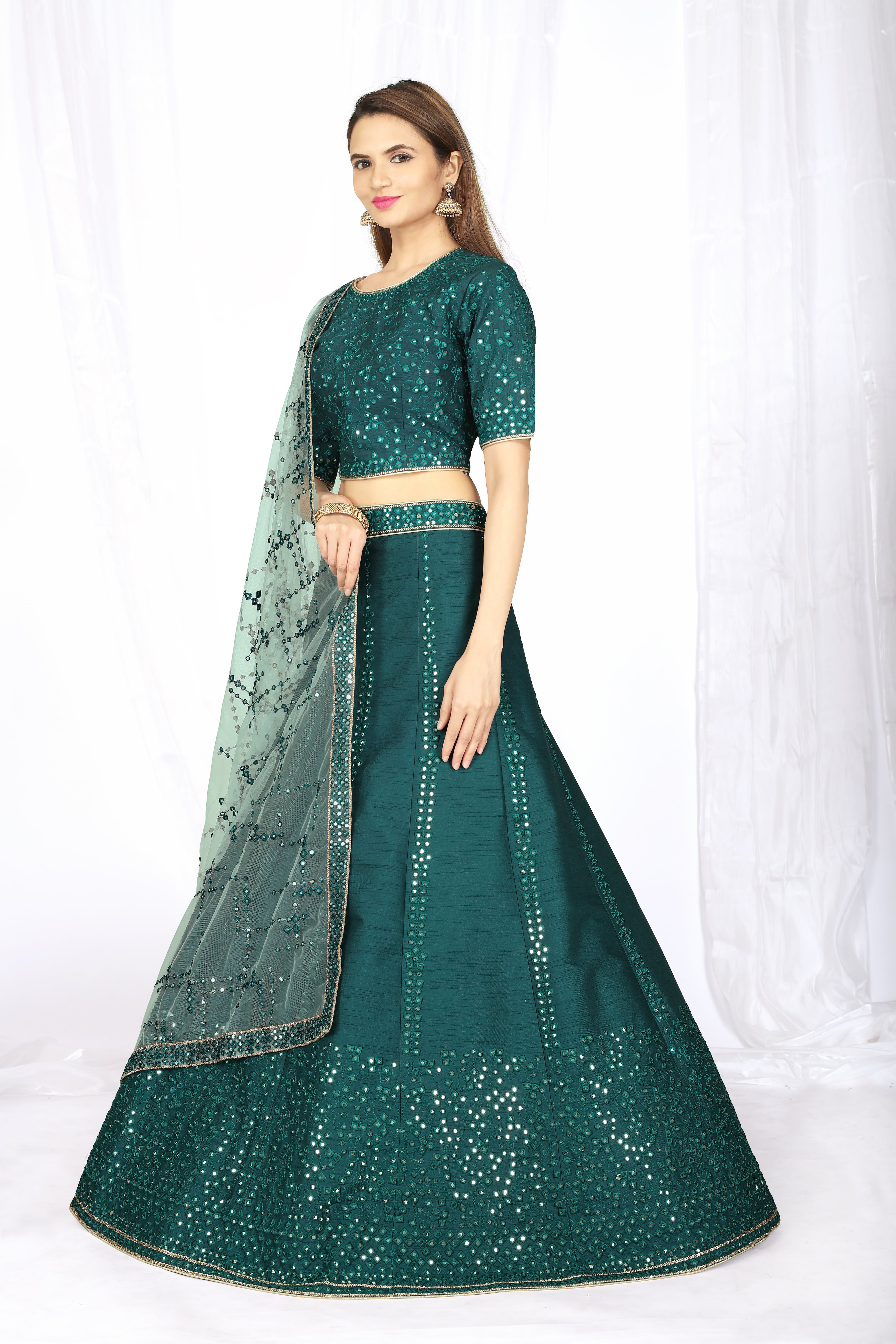 Women's Heavy Net Green Online Lehenga Wholesale Retail Price