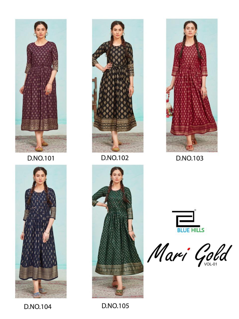 Blue Hills Mari Gold  Vol 1  Rayon Designer Printed Kurtis