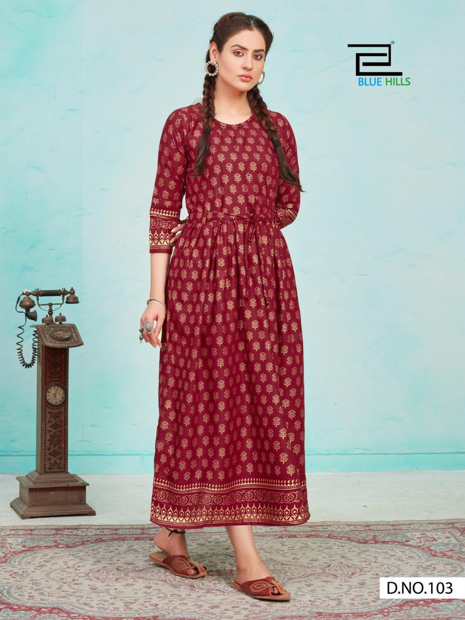 Blue Hills Mari Gold  Vol 1  Rayon Designer Printed Kurtis