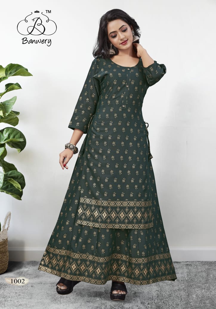 Banwery  Palak  Party Wear Rayon Stitched Gown Kurti