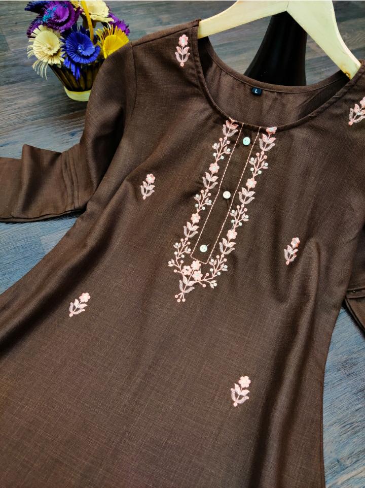 Buy Coffee Brown  Ssl 607 Embroidered Ruby Cotton Kurti Online  Catalog