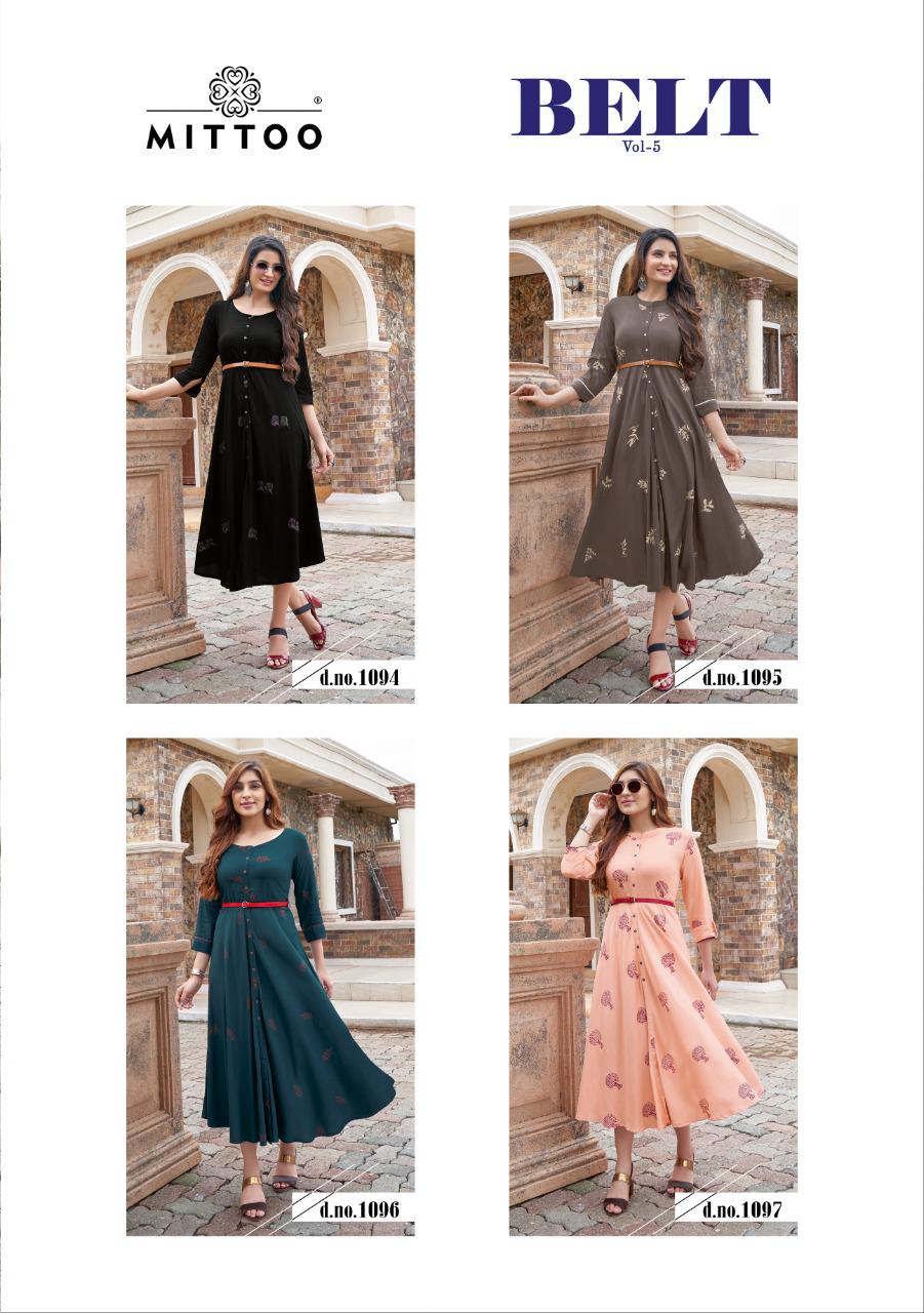 Mittoo Belt Vol  5 Fancy Rayon Print Kurti With Belt  Designer Kurtis Catalog
