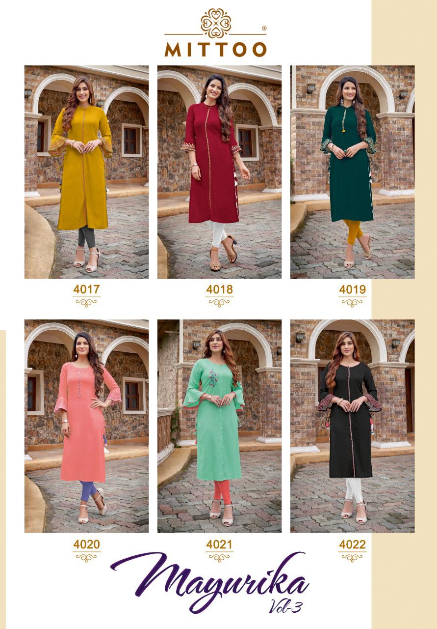 Mittoo Mayurika Vol 3 Rayon Fancy Embroidery Kurti Catalog