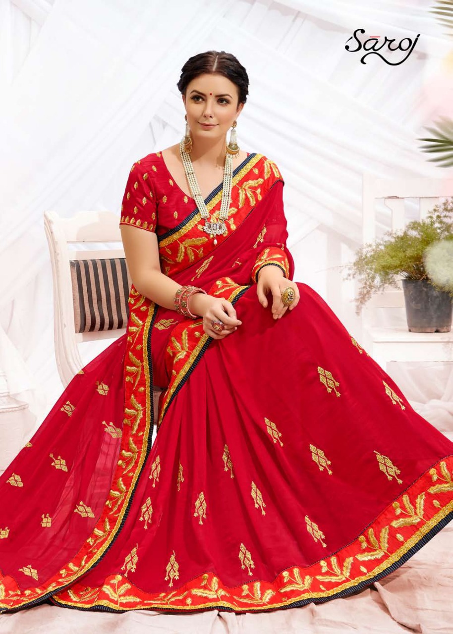 Saroj Rudraksh Heavy Wear Embroidery Worked Saree Catalog