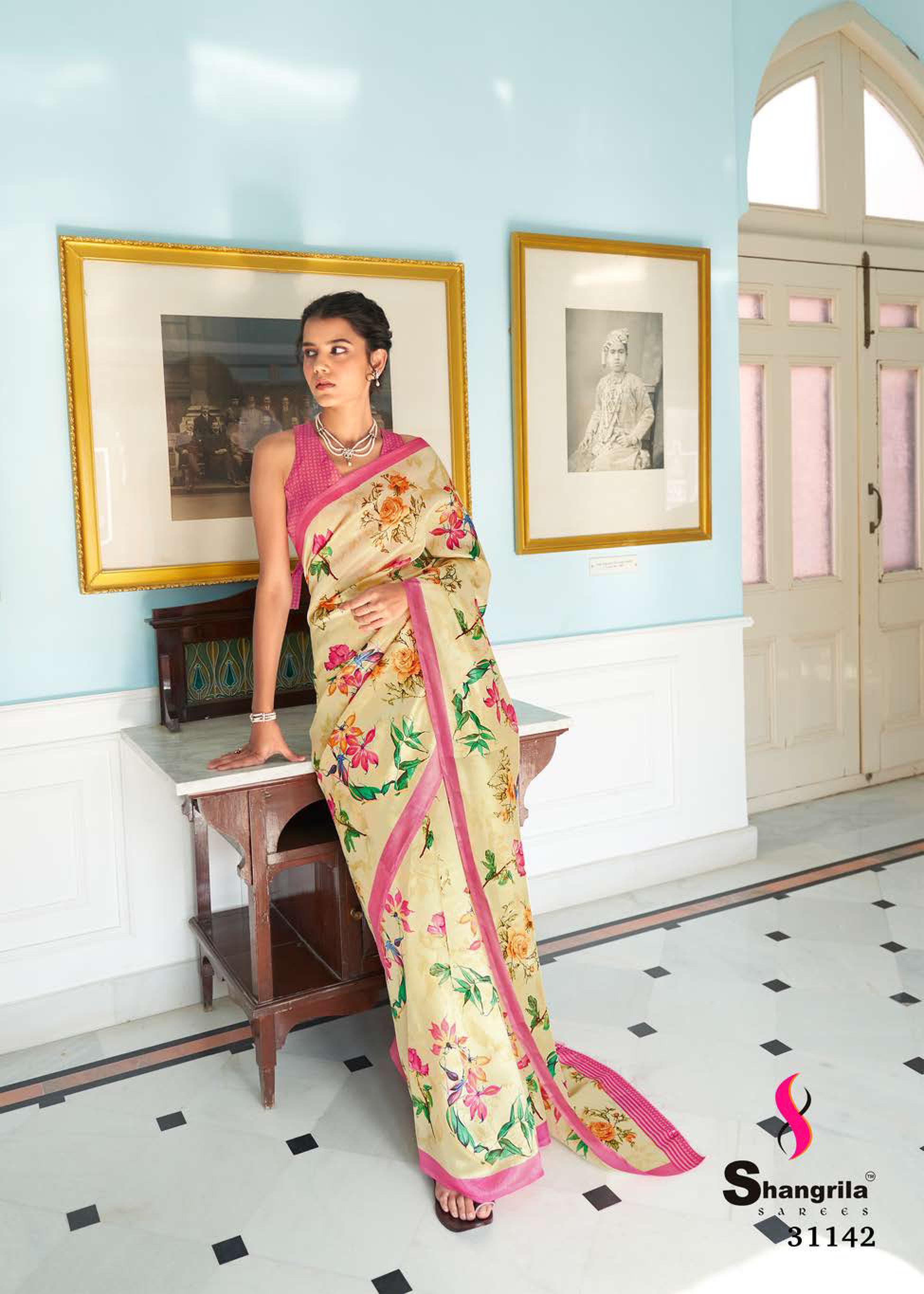 Shangrila Cremona Digital Designer Tussar Satin Digital Printed Saree Catalog