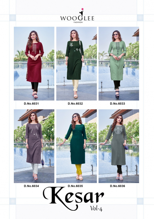 Wooglee Kesar Vol  4 Designer Rayon Embroidery Kurti With Bottom Catalotg