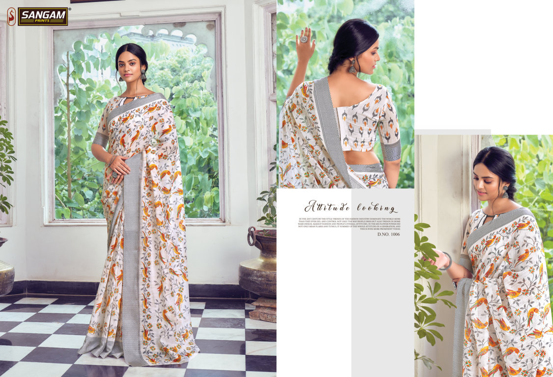Sangam Divyanka Printed Cotton With Satin Patta Sarees
