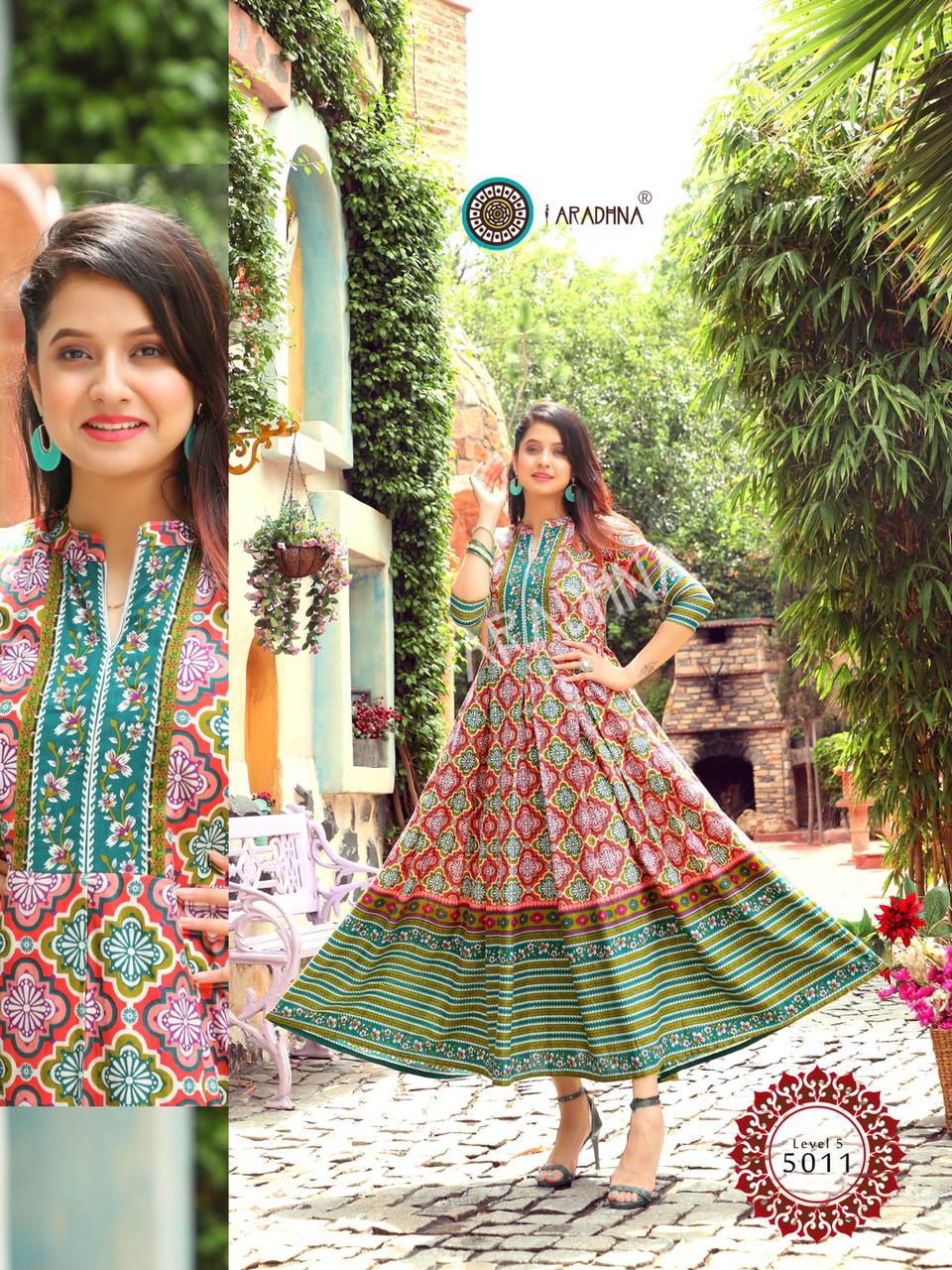 Aradhna Level Vol  5 Heavy Cotton Long Anarkali Kurti Catalog