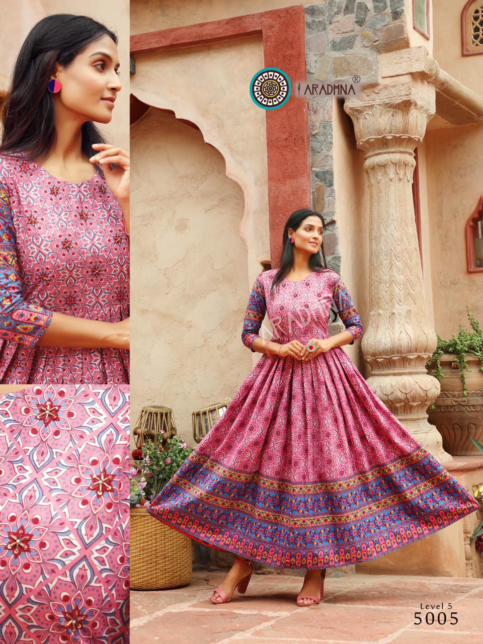 Aradhna Level Vol  5 Heavy Cotton Long Anarkali Kurti Catalog