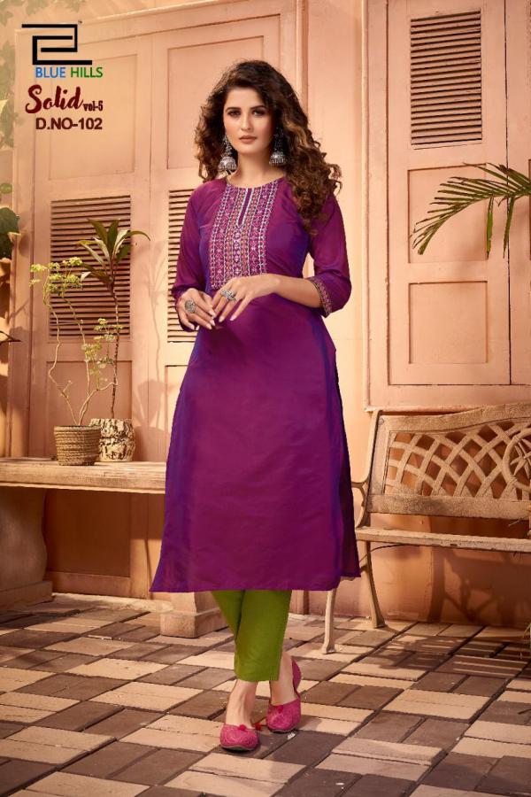 Blue Hills Solid Vol  5 Designer Cotton Embroidery Kurtis Catalog